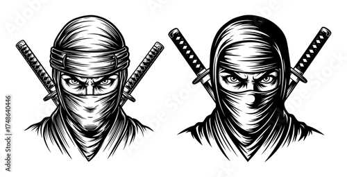 Vector art of two ninja warriors with swords crossed behind them a fierce and determined martial artist illustration