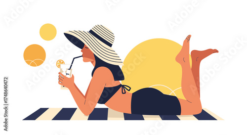 Relaxing Beach Day Illustration Featuring Woman Reclining with a Cocktail Under the Sun