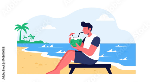 Relaxing Beach Scene: Sipping Coconut Drink in Paradise: Summer Vacation Illustration