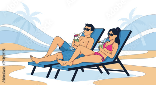 Relaxing Couple Enjoying Refreshing Tropical Drinks On Beach Loungers Under The Sun