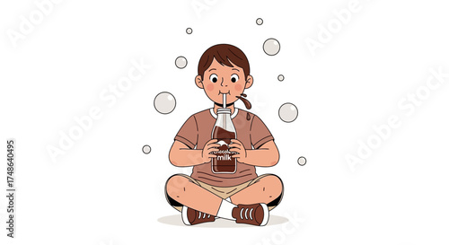 Relaxing Child Enjoying Chocolate Drink While Bubbles Float Around in Isolated Environment