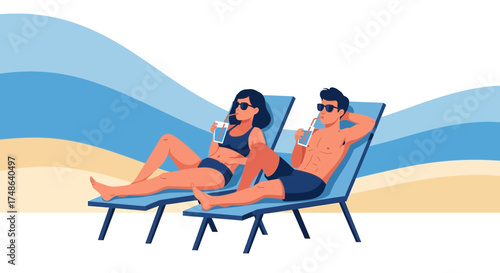 Relaxing Couple Lounging On Beach Chairs Enjoying Tropical Drinks And Summer Sun