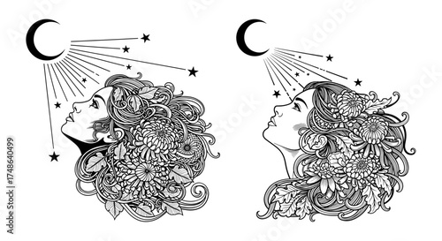 Vector art of two women with floral hair looking at the moon, a celestial illustration