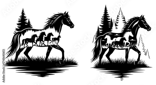 Vector art of black and white illustration of horses inside a horse shape with trees