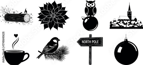 Vector art of assorted black christmas and winter icons on a transparent background
