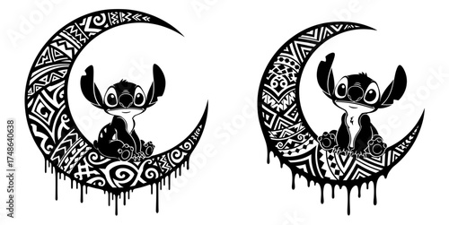 Vector art of cartoon character sitting on moon stitch with tribal pattern moon