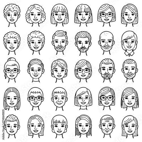 Line-Drawn Human Faces Featuring Various Hairstyles, Genders, and Age Groups for Educational and Design Projects