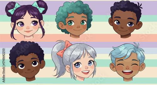 Diverse group of cartoon children smiling on a pastel striped background pattern