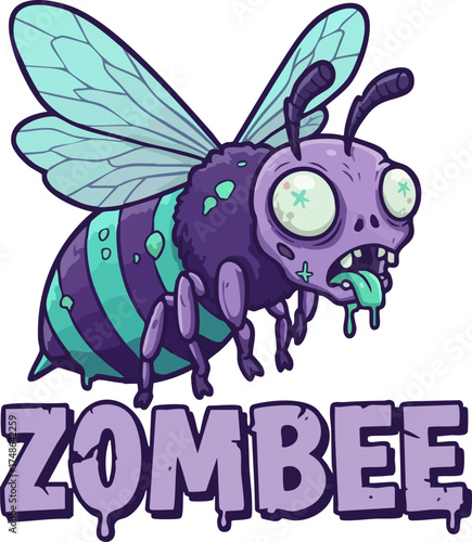 Cartoon zombee illustration with purple stripes and blue wings on a black background