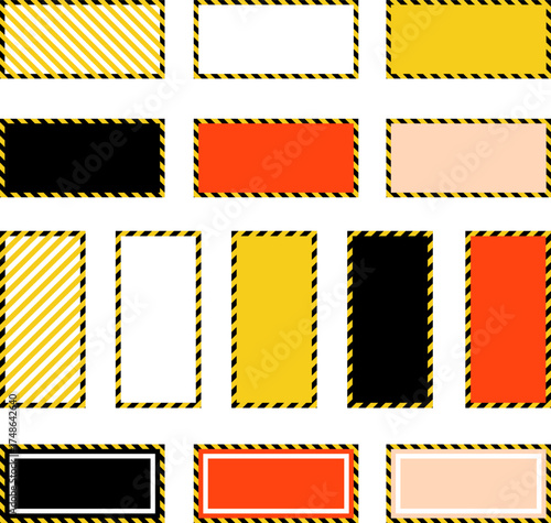 Collection of rectangular frames with hazard stripes and various fill colors