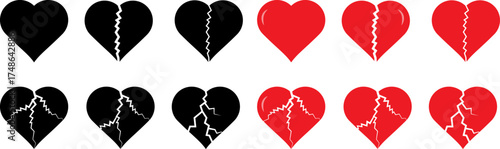 Cracked and broken hearts in black and red