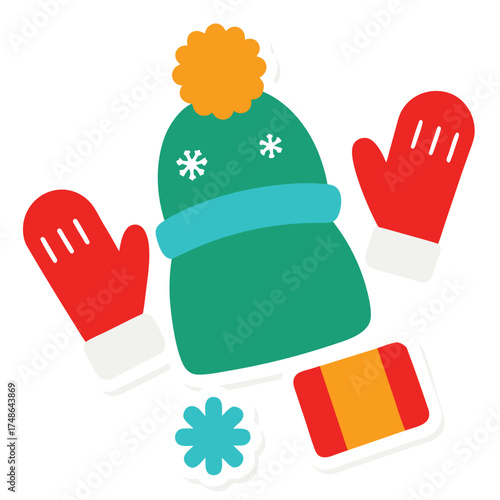 Green winter hat red mittens orange pompom snowflakes