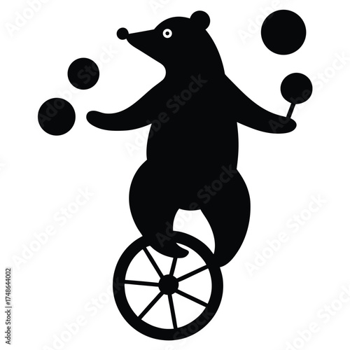 Black bear balancing on unicycle juggling balls vector