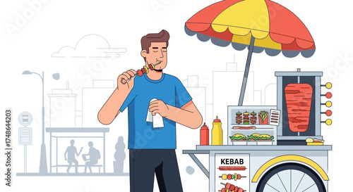 Satisfied Man Savors Delicious Kebab From a Street Food Stand in the City