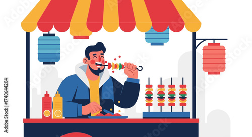 Satisfied Man Eating Skewers At A Street Food Stall With Lanterns