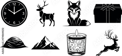 Vector art of collection of black silhouette icons including a clock, deer, fox, gift, mountains, and candle