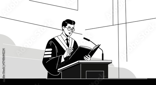 Scholar Delivers Address From Podium, Reading From Book, With Academic Attire and Glasses