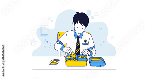School Boy Preparing Lunchbox, A Wholesome Mealtime Experience In Line Art