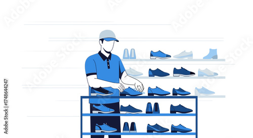 Shoe Store Employee Organizes Sneakers on Shelves in a Minimalist Illustration
