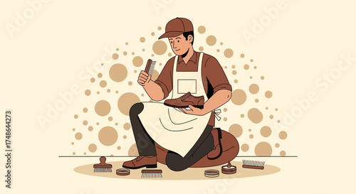 Shoe cobbler carefully cleaning and maintaining a leather shoe in his workshop or store