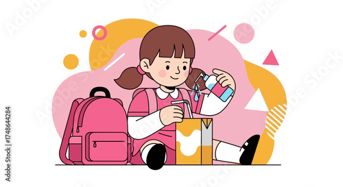 School Child Sanitizing Drink Package, Illustrative Depiction Of Hygiene Preparation, Health Focus