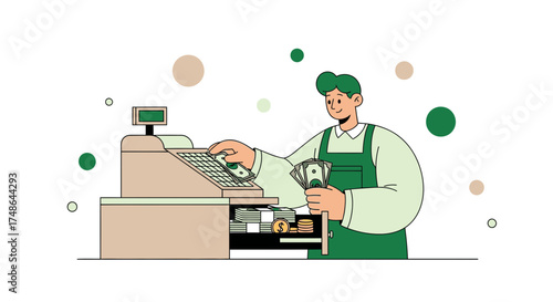 Shopkeeper Calculating Earnings at Cash Register, Displaying Retail Business Concept, Illustration