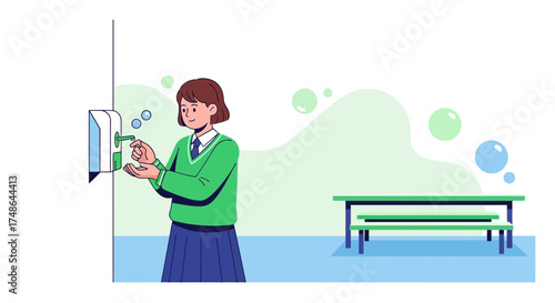 Schoolgirl Using Hand Sanitizer, Hygiene Cartoon Illustration, Virus Protection Concept