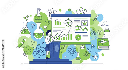 Scientific Presentation Illustrating Data Analysis And Academic Classroom Illustration