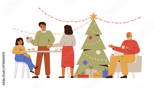 Big family near christmas tree in new year eve. Several generations: grandfather, father and mother, granddaughter celebrate winter holidays with tasty near decorative xmas fir. Vector illustration