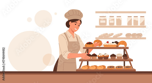Smiling Baker Arranging Baked Goods on Display in a Cozy Bakery Environment