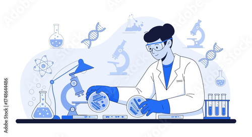 Scientific Research Illustration: Examining Samples and Working in a Laboratory Setting