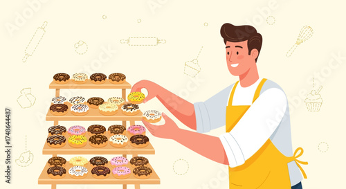 Smiling Baker Adds a Delicious Donut to a Display of Freshly Baked Treats