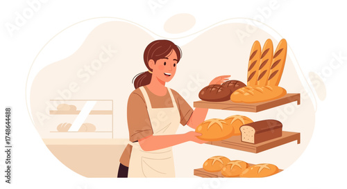 Smiling Baker Arranging Bread In Shop with Tasty Loaves On Display Ready To Sell