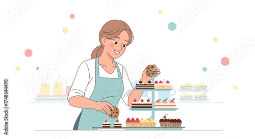 Smiling Baker Decorating Delicious Cakes and Pastries for a Sweet Shop Presentation