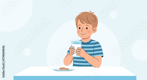 Smiling Boy Holding Glass Of Milk Next To A Cookie On A Table, Delightful Mealtime Scene