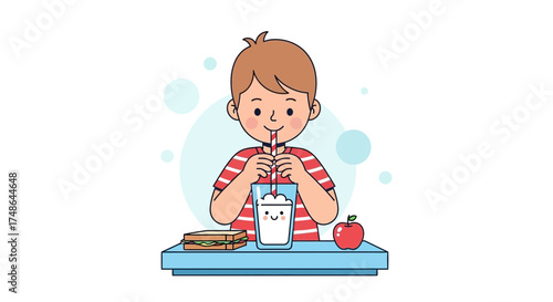 Smiling Boy Enjoying Milk and Healthy Snacks at Lunchtime is Delightful and Playful