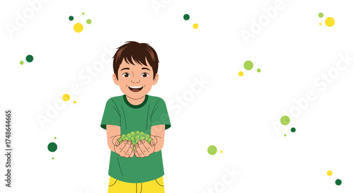 Smiling Boy Holding Green Peas In Hands With Colorful Dots On White Background