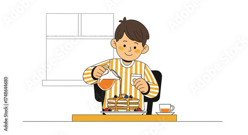 Smiling Boy Pours Syrup Over Fluffy Pancakes, Enjoying Breakfast at Home in the Morning