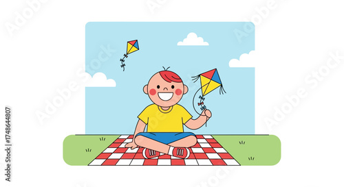 Smiling Child Enjoying Sunny Day and Playing With Colorful Kite Amidst a Picnic
