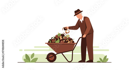 Senior Citizen With Wheelbarrow Completing Work With Organic Compost For The Garden