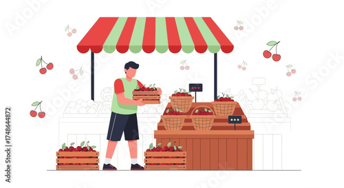 Seller Displaying Fresh Cherries At His Stall Under a Stripped Awning on the Market