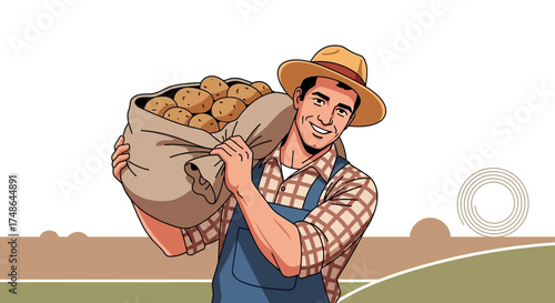 Smiling Farmer Carrying a Bag Full of Potatoes After Harvesting, Farm Illustration