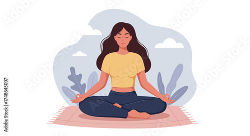 Woman Meditating Peacefully in a Serene Setting, Practicing Mindfulness and Relaxation