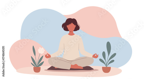Woman meditating in lotus position surrounded by serene abstract shapes and plants