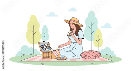 Serene Picnic Scene Featuring A Woman Relaxing And Enjoying Food Outdoors