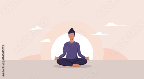 Peaceful woman meditating in lotus pose, promoting wellness and mindfulness with sunrise background