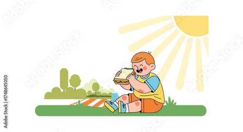 Smiling Kid Enjoys Sandwich Outdoors Under Sunny Sky During Daytime Recreation