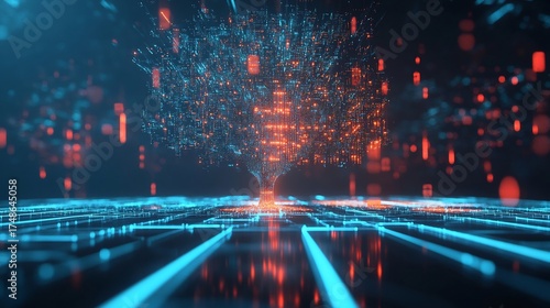 Abstract digital tree made of glowing particles and circuits