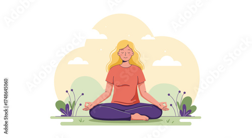 Illustration of a woman meditating outdoors in a calm, serene natural environment