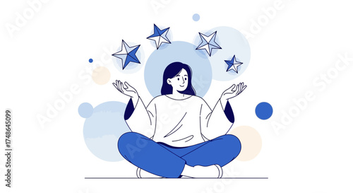 Serene Woman Meditating and Receiving Celestial Starry Symbols of Inspiration